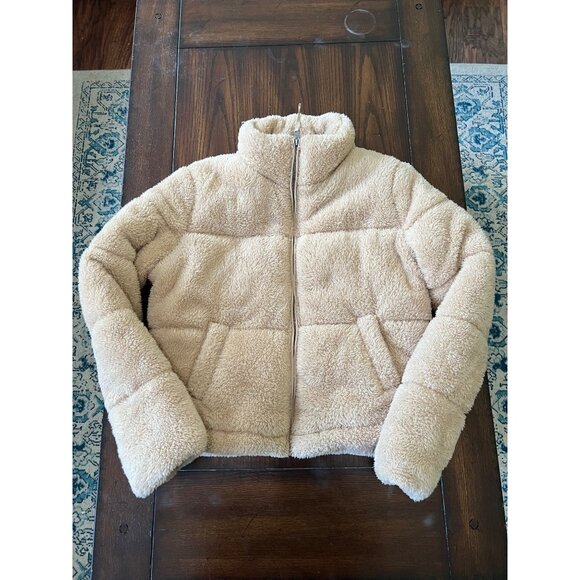 Aeropostale Faux Fur Coat Full Zip Beige Cream Fuzzy Neutral Soft Winter S NEW - Picture 1 of 8